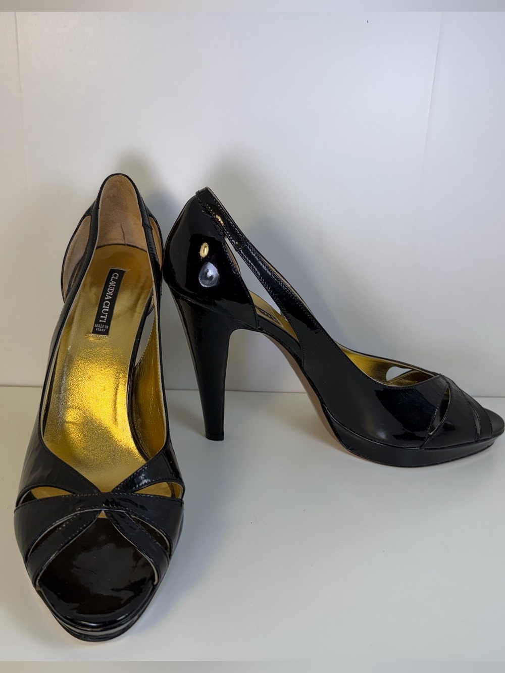 Black Patent Peep-Toe High Heel Pumps by LAVANDA COUTURE